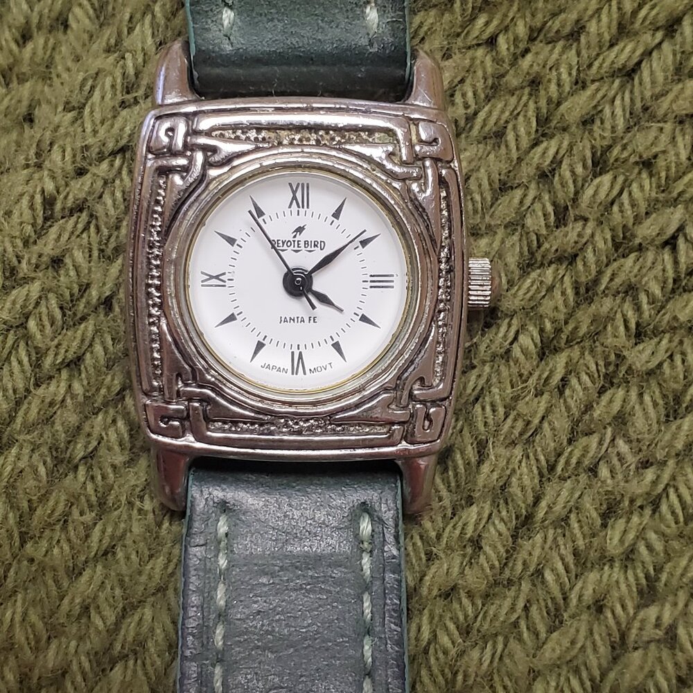 Sterling silver watch with green leather band, native american / celtic design